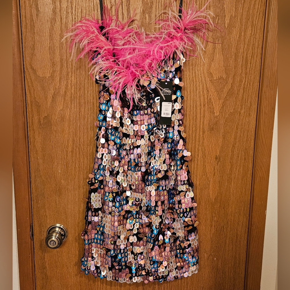 NWT Fashion Nova Wondering Eyes Feather Sequin Mini Dress Multi Color Size Large - Picture 13 of 15